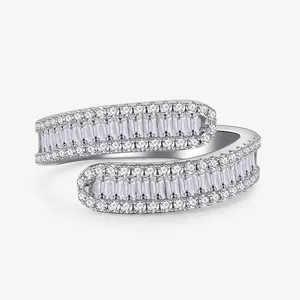 925 Sterling Silver Cross Bypass Ring For Women Pave Square Zirconia Light Luxury Geometric Fashion Finger Ring Gift Jewelry
