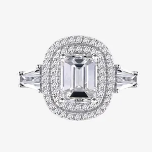 Luxury 925 Sterling Silver Emerald Cut Zirconia Ring With Double Halo Elegant Geometric Women Jewelry Gift