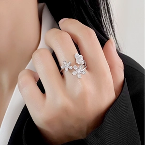 Irregular silver petal and butterfly open ring with sparkling cubic zirconia stones