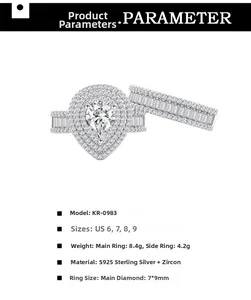 Detailweergave van de S925 zilveren ringenset met peervormige zirkonia en micro-pave setting