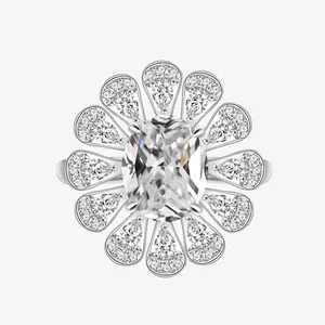 Anello Girasole in Argento Sterling S925 Con Zirconia Ovale Lussuosa Fascia Floreale alla Moda per Donna Gioielli Matrimonio