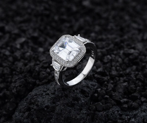 Detailed macro shot of 925 silver stamp and emerald cut cubic zirconia setting