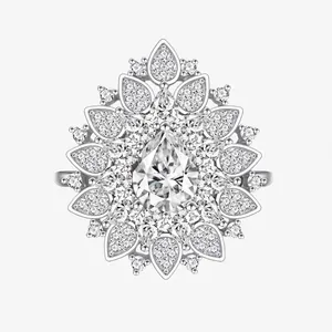 925 Sterling Silver Pear Shaped Flower Zirconia Ring European Personality Oversized Wedding Party Jewelry For Women