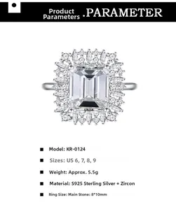 Macro view of S925 sterling silver ring with 8x10mm emerald cut zircon halo design