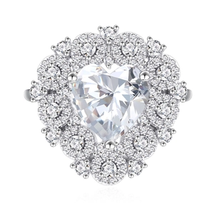 Elegant s925 silver ring featuring a large heart-shaped diamond with multi-layer pave stones