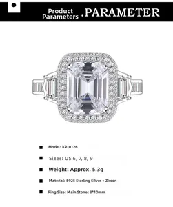 Detail view of 925 sterling silver ring with 8x10mm emerald cut zircon gemstone