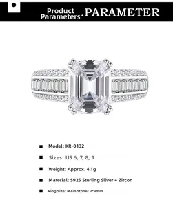 Détail d'une bague en argent S925 avec zircone cubique taille émeraude 7x9mm