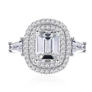 Elegant S925 sterling silver ring with emerald cut center stone and double halo