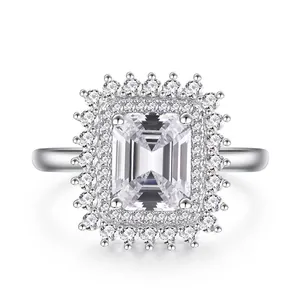 925 Sterling Silver Emerald Cut Zirconia Halo Ring Elegant Rectangle Double Halo Statement Ring For Women Jewelry Gift