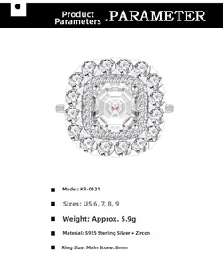 Vue détaillée d'une bague luxueuse en argent S925 avec zircon de taille carrée
