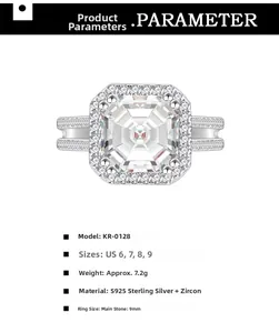 Detailed specifications of S925 sterling silver ring with 9mm square zircon stone
