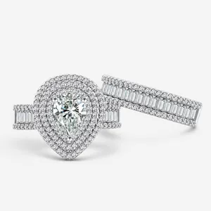 S925 Sterling Zilver Peervorm Zirconia Hoofdring En Bijpassende Band Voor Vrouwen Micro-Inleg Dubbele Halo Verloving Sieraden