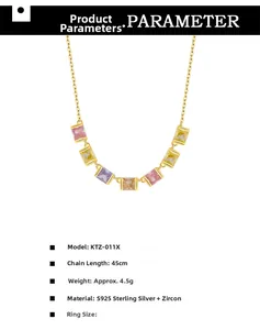 Detailed view of S925 sterling silver necklace with colorful square zircon sugar cube pendants