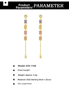 Detail specifications of S925 sterling silver long tassel earrings with square zircons