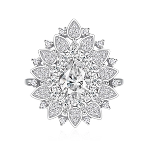 Elegant pear-shaped floral diamond cluster ring in 925 sterling silver for women