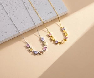 Detail of S925 sterling silver sugar cube necklace with colorful square-cut gemstones