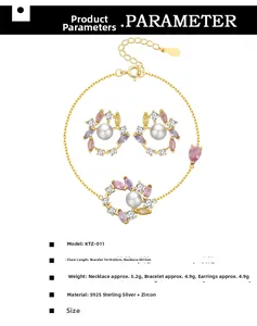 Detailsicht des S925 Silber Blattschmuck-Sets mit bunten Zirkonia und Perlen