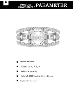 Macro-opname van vierkante zirkonia en holle S925 zilveren ringband met pavé diamanten