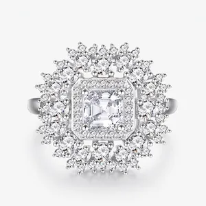 Luxury 925 Sterling Silver Square Cut Zirconia Halo Ring Radiant Sun Flower Design Party Jewelry For Women Silver Color