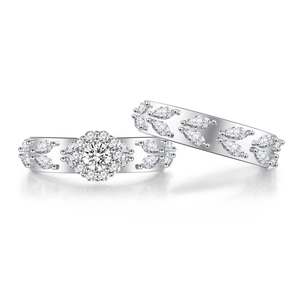 Elegant S925 sterling silver leaf flower ring set with sparkling marquise stones