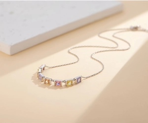 Close-up of S925 sterling silver necklace with square-cut multi-color crystal pendant
