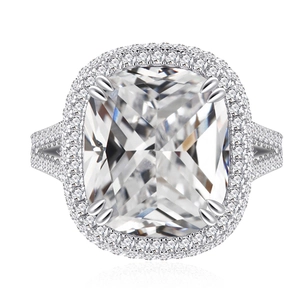 Bague de fiançailles luxe taille coussin en argent S925 avec double halo et pavé
