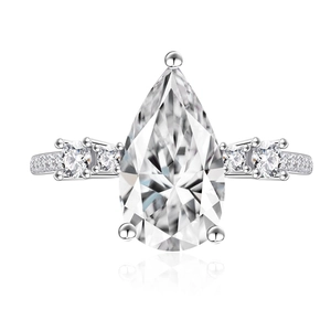 Elegant pear-cut diamond sterling silver ring with halo accents and side stone setting