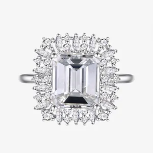 925 Sterling Silver Emerald Cut Zirconia Halo Ring Double Layer Marquise Radiant Sparkling Engagement Wedding Ring For Women