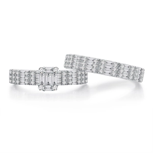 Luxurious silver square baguette diamond ring set with brilliant micro-pave round stones