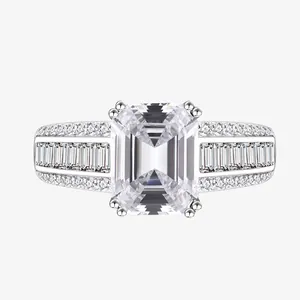 Bague en Argent Sterling 925 avec Zirconia Taille Émeraude pour Femmes Luxueuse Incrustée de Baguettes Bijoux de Mariage