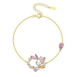 Eleganter S925 Silber Armband mit weißer Perle und bunten Markasit-Zirkon-Steinen
