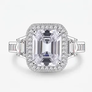 Luxury 925 Sterling Silver Emerald Cut Zirconia Halo Ring For Women Engagement Wedding Band Party Jewelry Ring Gift