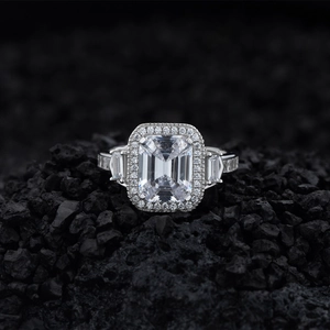 925 sterling silver ring with emerald cut diamond stimulant and halo setting on dark stone