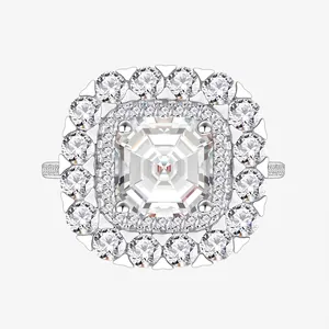 Bague de Luxe en Argent Sterling 925 avec Zirconia Carré pour Femmes Pave Double Halo Taille Asscher Électroplaqué Bijoux Personnalité Cadeau