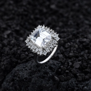 Luxurious S925 sterling silver ring with emerald-cut faux diamond on black volcanic rock