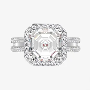 925 Sterling Silver Square Asscher Cut Zirconia Halo Ring For Women Luxurious Double Shank Split Band Wedding Jewelry