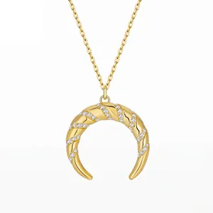 Collier Pendentif Lune en Argent Sterling 925 Zirconia Torsadé Spirale Plaqué Or Chaîne Clavicule pour Femmes Bijoux Cadeau