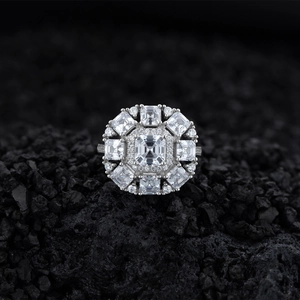 Radiant S925 sterling silver ring with emerald cut diamond cluster on black volcanic rock