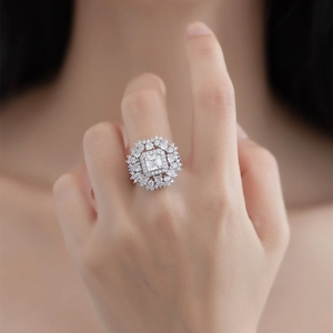 Luxury S925 sterling silver ring with emerald cut crystal and radiant halo stones