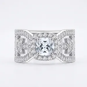 Vintage 925 Sterling Silver Cushion Cut Zirconia Halo Ring Luxury Wide Hollow Leaf Design Micro Pave Wedding Band For Women