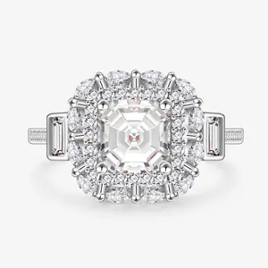 Bague en Argent Sterling 925 Taille Asscher avec Zirconia Vintage Luxueux Halo Carré Bague de Fiançailles Femme Bijoux
