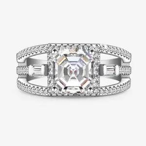 Luxe 925 Sterling Zilveren Vierkante Strass Ring Voor Dames Elegante Drielaagse Pavé Ingelegde Gesimuleerde Diamanten Ring