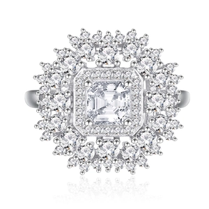 Elegant S925 sterling silver ring with square-cut halo diamond design and sunburst setting