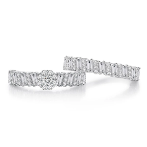 Luxurious rhodium plated silver bridal ring set with radiant square and round cubic zirconia