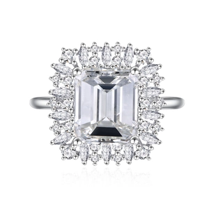 Rectangle cut S925 sterling silver ring with emerald cut cz and marquise stones