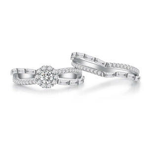 Ensemble de bagues de mariage en argent s925 double couche avec halo de diamants
