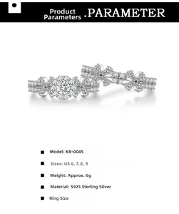 Macro detail of S925 sterling silver floral rings with pavé diamonds and sizing chart