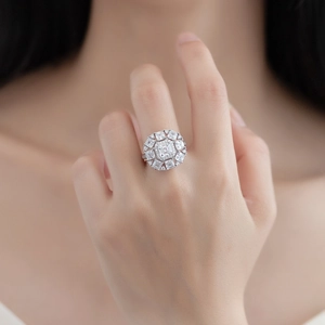 Sparkling S925 sterling silver square multi-stone cluster ring worn on model finger