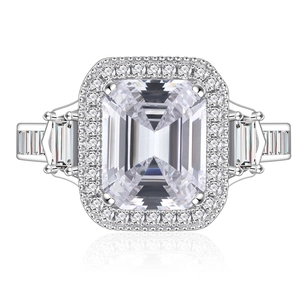 Elegant 925 sterling silver ring with emerald cut gemstone and halo side diamonds