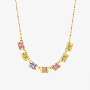 925 Sterling Silver Colorful Square Zirconia Necklace For Women Sweet Geometric Rainbow Sugar Cube Pendant Necklace Jewelry